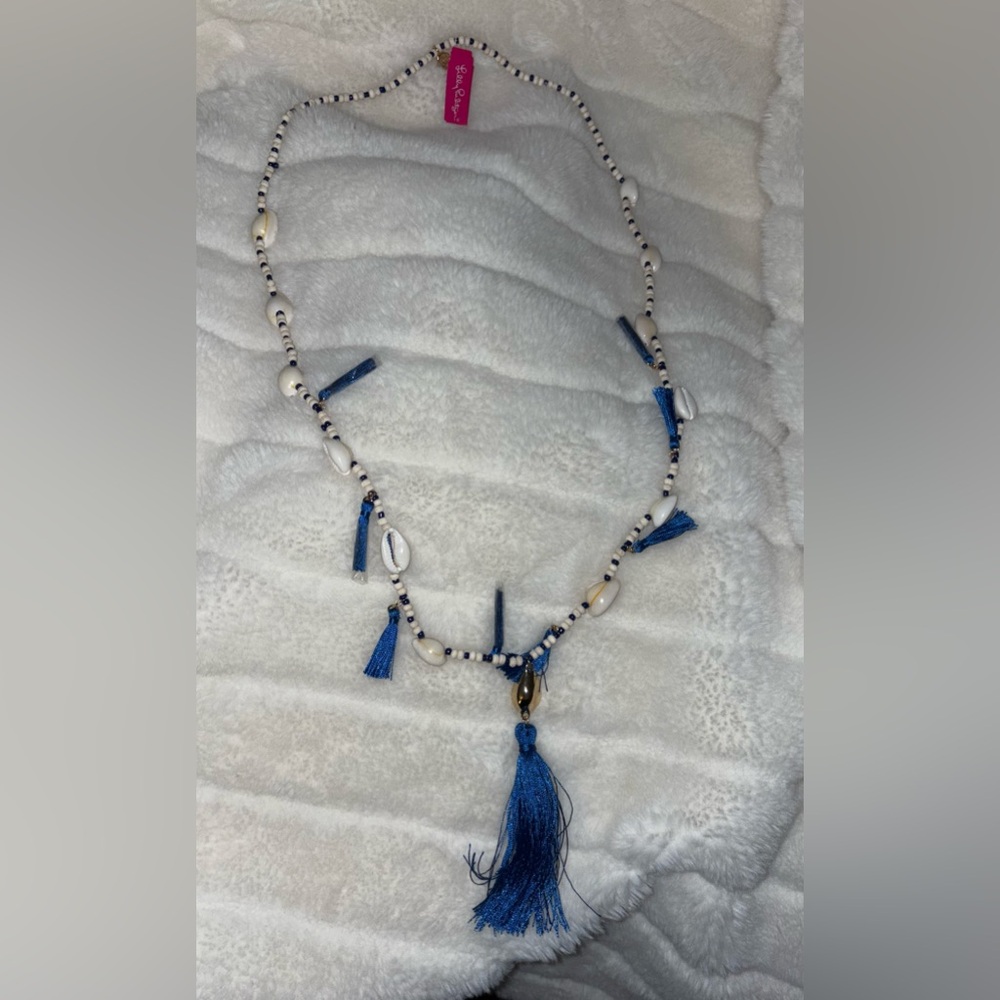 Lilly Pulitzer Tipsea tassel & shell necklace indigo blue NWT